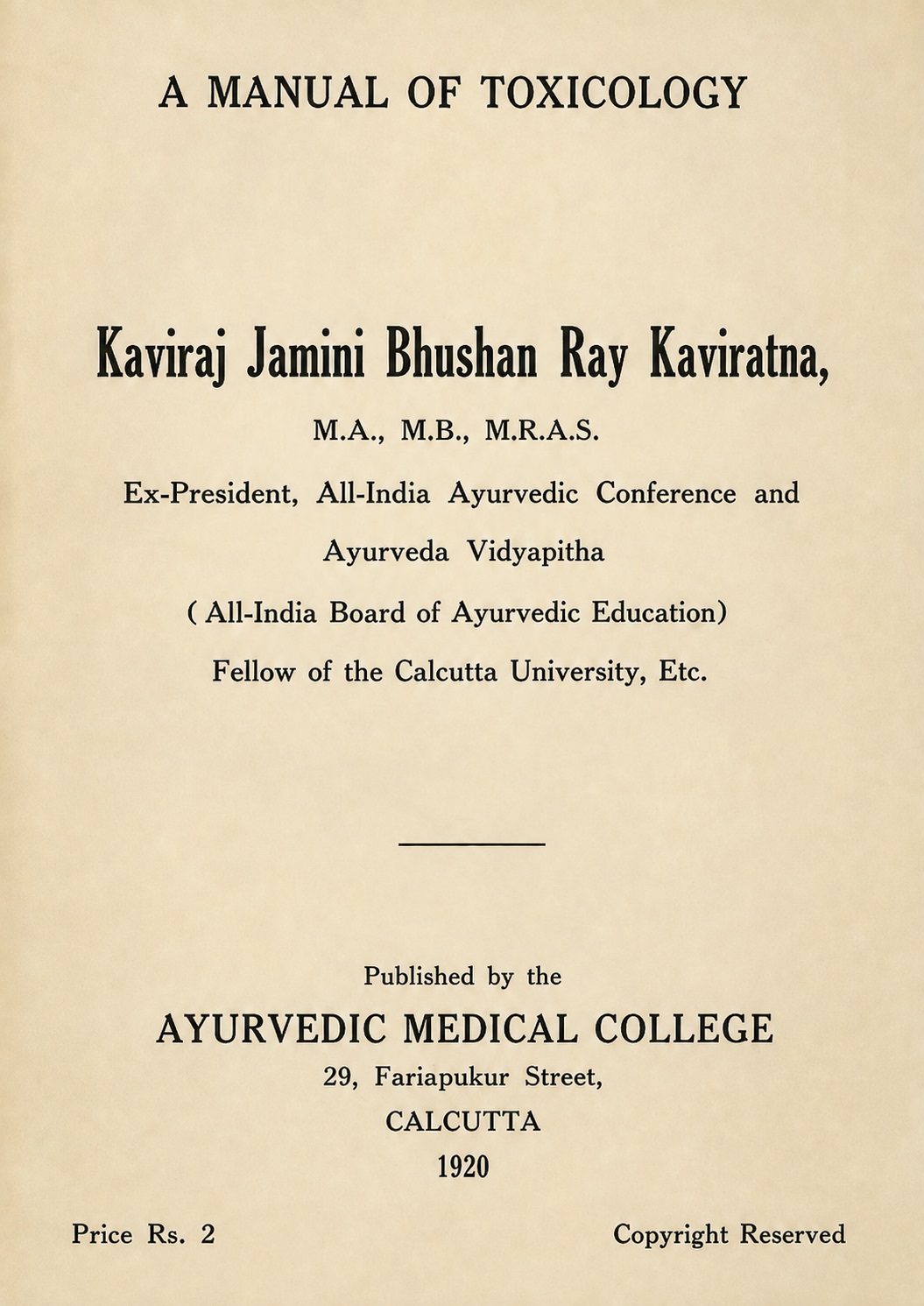 Title page of A Manual of Toxicology by Jamini Bhushan Ray, published in 1920