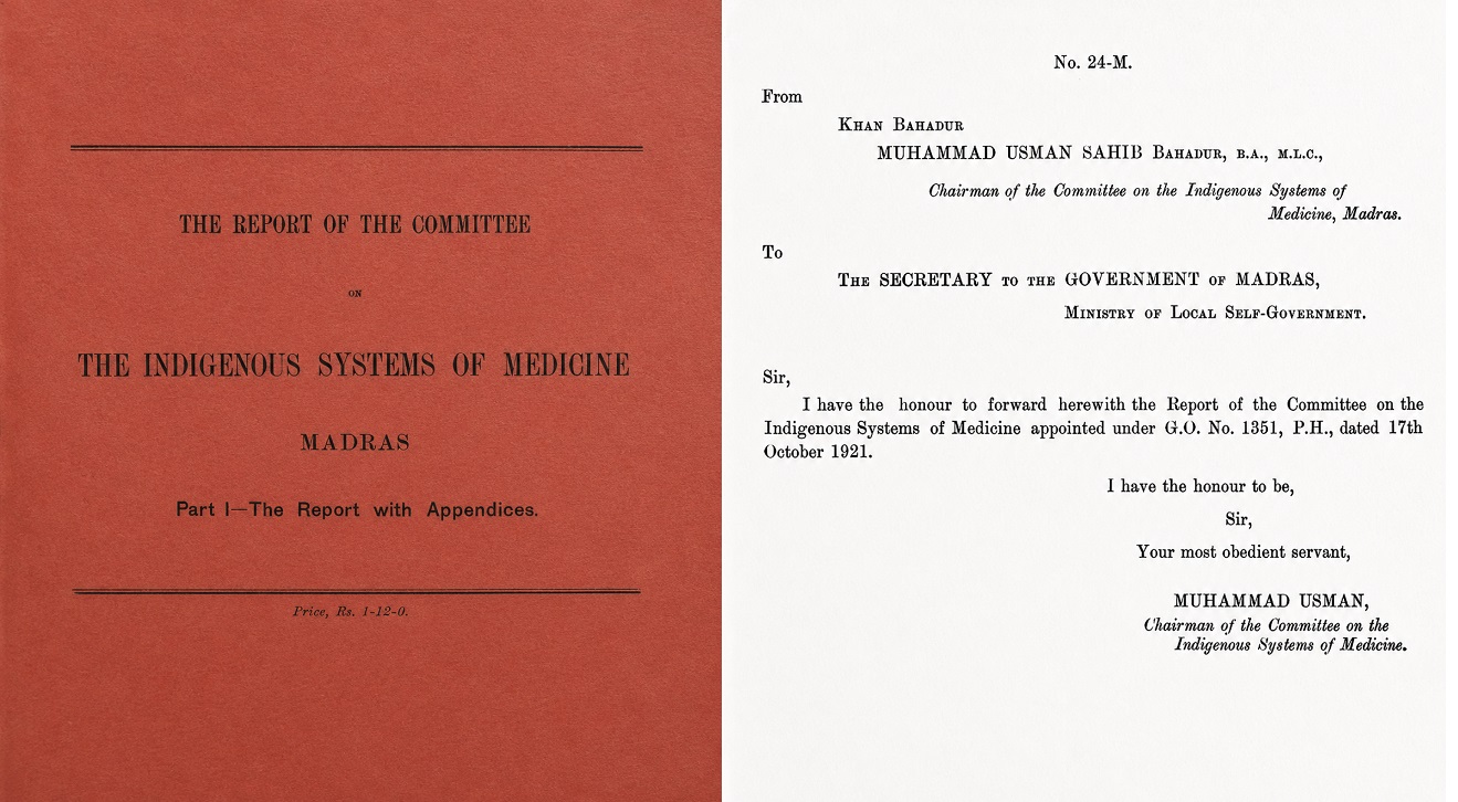 Cover and accompanying letter from the 1923 Report of the Committee on the Indigenous Systems of Medicine